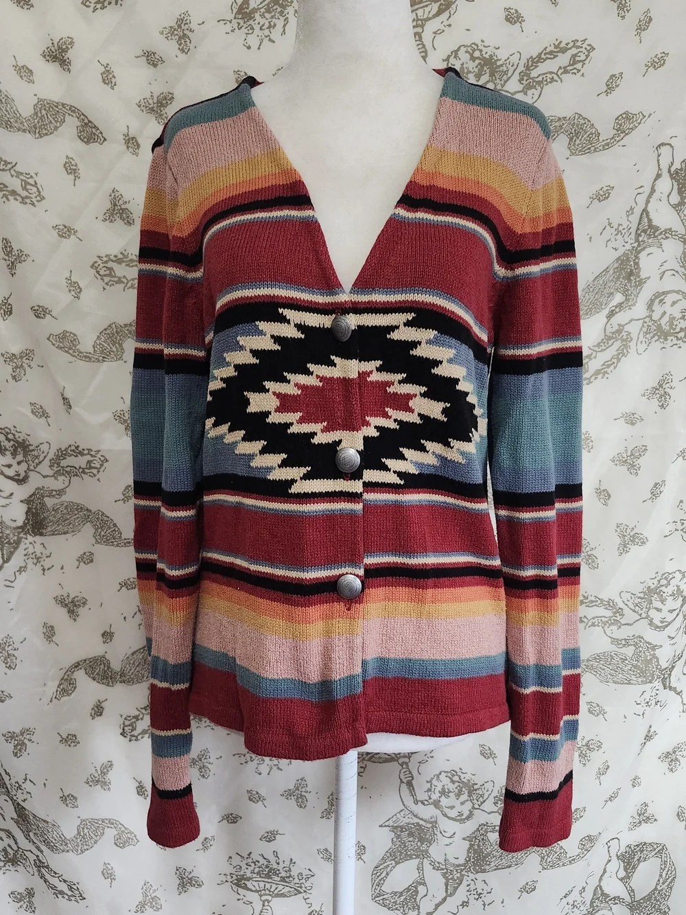 American Living Multicolor Striped V-Neck Cardigan with Aztec Motif